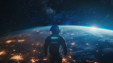 Astronaut overlooking the Earth from space, a backdrop of stars, human curiosity and wonder - obrazy, fototapety, plakaty