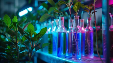 Bioengineered plants with eerie luminescence, botanical lab, genetic alchemy - obrazy, fototapety, plakaty