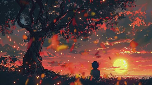 Silhouette a boy sitting under tree in the meadow and looking sunset. Cartoon anime seamless looping animation. Generative AI