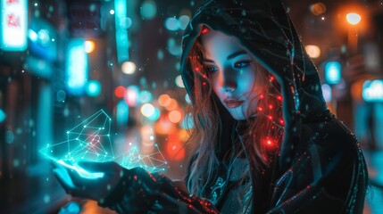 Cyberwitch casting neon runes, enchantment and circuitry, urban fantasy - obrazy, fototapety, plakaty