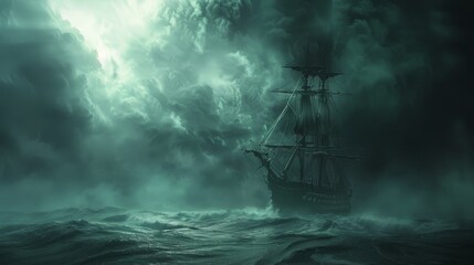 Ethereal ghost ship sailing in a storm of data, digital sea, phantom voyage