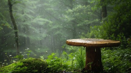 Ethereal fairy ring mushroom podium in an old growth forest, for natural and mystical items