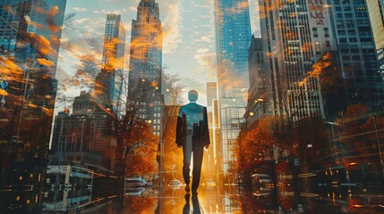 Double exposure cityscape of businessman wearing suit walking on street at sunset with skyscrapers overlayed with green summer forest.