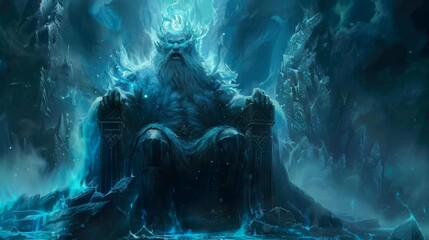 Ice elemental king in a blizzard throne room, winters might, frozen royalty