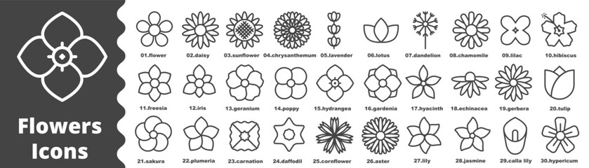 Flowers line icons set vector illustration, sakura, gardenia, lavender, lotus, freesia,