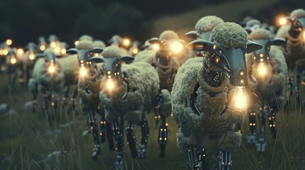 Robotic shepherd guiding a flock of lightbulb sheep, electric pastoral