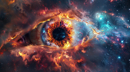 Titans eye gazing through a cosmic storm, universal observer, celestial sight