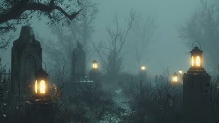 Wraith with lanterns in a foggy graveyard, ghostly guide, eternal vigil