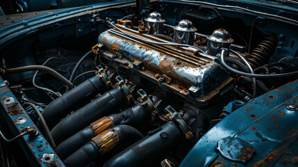 Old car engine. Motor and mechanism closeup - obrazy, fototapety, plakaty