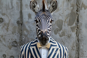 Obraz premium Zebra-Striped Suit and Animal Head Portrait Against Metallic Background