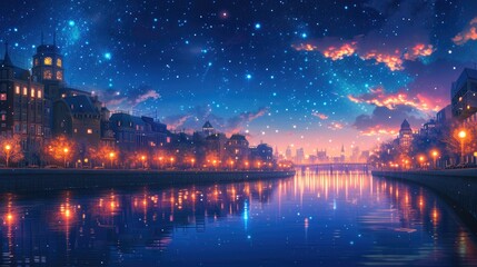 Fototapeta na wymiar Riverside Tranquility: Anime Inspired City Lights