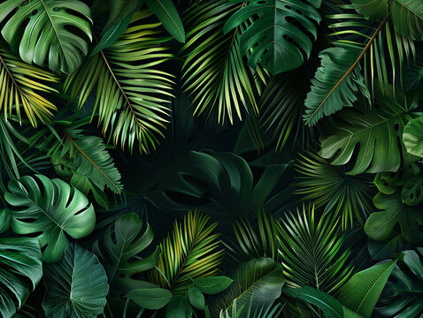 A lush tropical jungle background with various green palm leaves and monstera plants, creating an exotic and textured pattern on a black backdrop. 