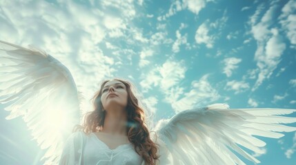 Angel young woman with large white fluffy wings against a blue sunny sky.