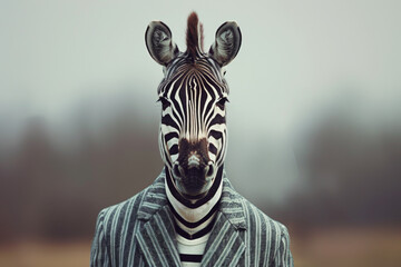 Mysterious Zebra-Headed Person in Pinstripe Jacket - obrazy, fototapety, plakaty