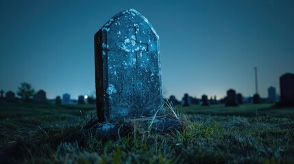 A lonely gravestone in a quiet nighttime cemetery.
