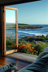 Offenes Fenster oder Tür mit Meerblick,Cape Leeuwin, Australia
