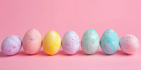 Fototapeta premium Colorful Easter Eggs Lined up on Pastel Pink Background