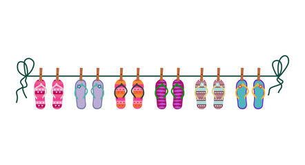 flip flops hang on the rope attached with clothespins vector illustration - obrazy, fototapety, plakaty