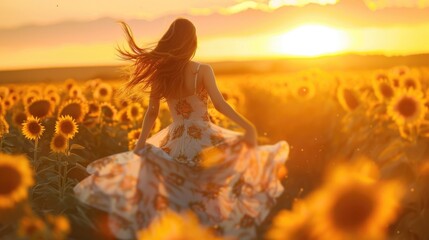 A beautiful woman in a boho dress is running through a sunflower field at sunset.