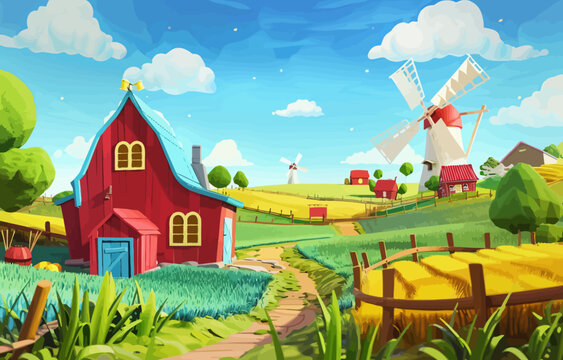 a painting of a farm with a windmill