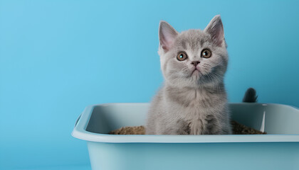 Cute British Shorthair cat in litter box on blue background