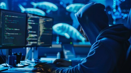 Hacker in Hoodie Engaged in Cybercrime at Night