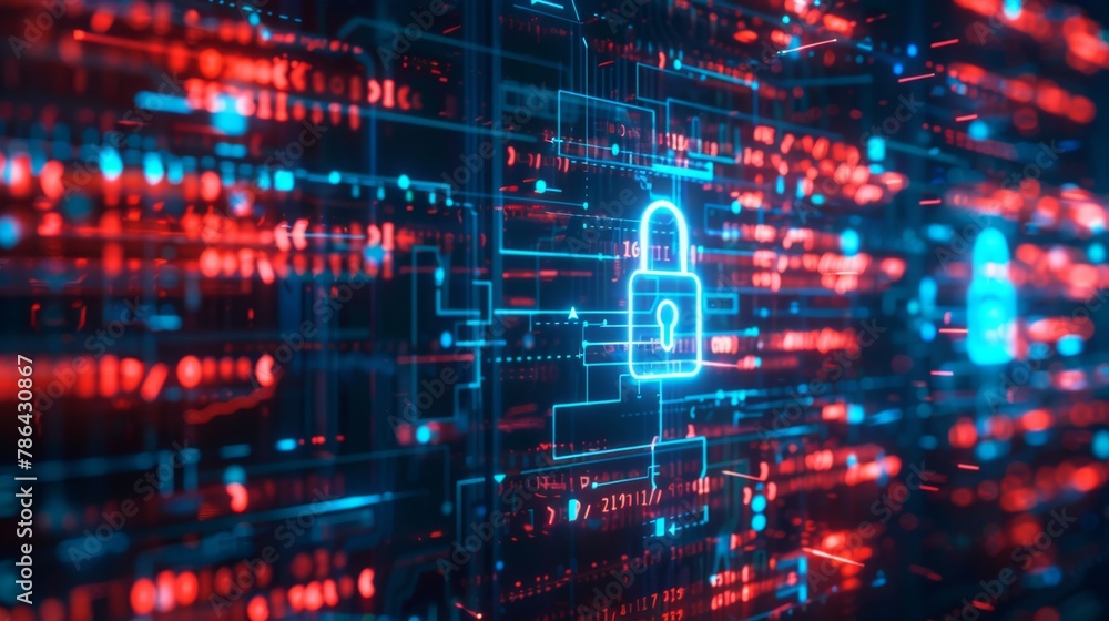 Poster secure lock on computer screen with red and blue lights