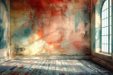 Grunge background: blue and red scratched painted walls  and wooden worn floor of empty room in  abandoned house in decay - obrazy, fototapety, plakaty