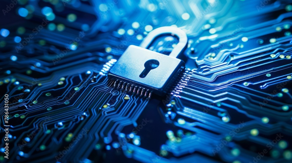 Poster close-up of padlock on circuit board signifying cybersecurity