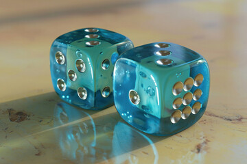 Blue dice on table with yellow background, isolated gambling concept for design and print