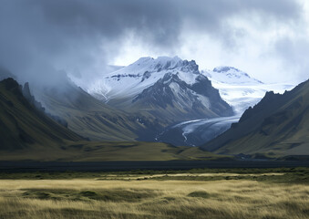 Fototapeta premium Icelandic landscape with black foggy mountains in the background