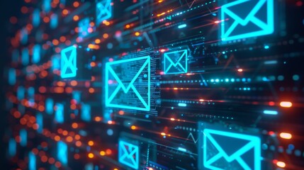 Futuristic Email Icons Floating in Digital Space