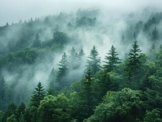 A misty forest shrouded in fog, with towering trees disappearing into the ethereal haze mystical allure Soft, diffused light filters through the fog, creating a mysterious and enchanting atmosphere