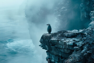Solitary Penguin on a Misty Cliff Overlooking the Ocean
