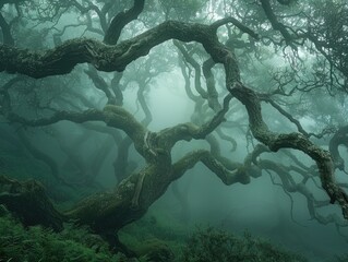 A mysterious forest shrouded in fog, with gnarled trees and twisting vines creating an otherworldly atmosphere enchanted woods Soft, diffused light filters through the fog, casting an eerie glow over
