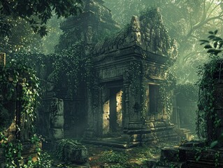 A mysterious temple hidden deep within a dense jungle, with crumbling ruins and ancient statues draped in vines forgotten sanctuary The eerie atmosphere of the temple is rendered with haunting