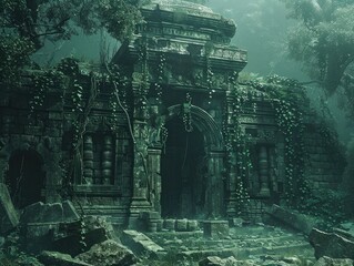 A mysterious temple hidden deep within a dense jungle, with crumbling ruins and ancient statues draped in vines forgotten sanctuary The eerie atmosphere of the temple is rendered with haunting