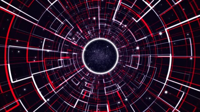 Abstract science fiction space tunnel of red and white glowing rays. Wormhole travel through time and space. Neon glowing rays of hyperspace. Time travel and space exploration. Technology cyberspace.