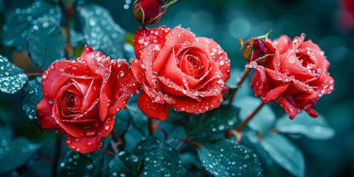 Three red roses are in a garden with water droplets on them