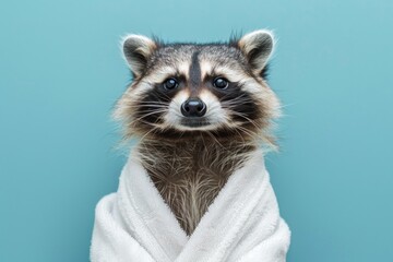 Raccoon in a white robe against a light blue background, looking relaxed.