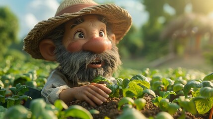 3D cartoon bearded farmer tending to crops, lush green farm landscape background