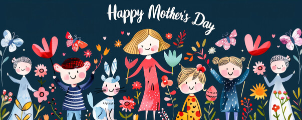 Happy mother's day banner with cute cartoon characters.