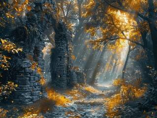A mystical forest glen with ancient ruins and shafts of golden sunlight streaming through the trees enchanted woodland The air is alive with magic and mystery as fairies flit among the branches