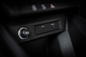 Two USB C ports on front panel in car. Car usb socket for charging and accessories. Car interior.	 - obrazy, fototapety, plakaty