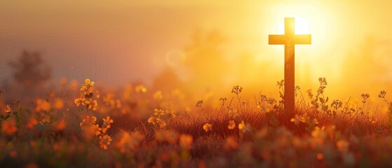 Sunset rays in the background and a cross expressing hope and faith in God.