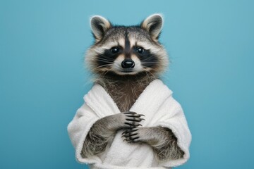 Fototapeta premium Raccoon in a white robe against a light blue background, looking relaxed.
