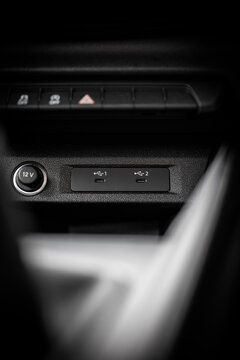 Two USB C ports on front panel in car. Car usb socket for charging and accessories. Car interior.	