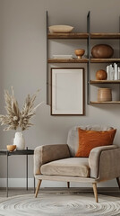 mockup poster frame hanging above a geometric wall- shelving system, by a cozy armchair, modern interior, hyperrealistic photography