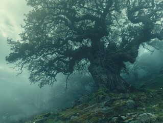 A mystical forest shrouded in mist, with ancient trees looming tall and mysterious enchanted wilderness Soft, filtered lighting pierces through the fog, illuminating the otherworldly landscape