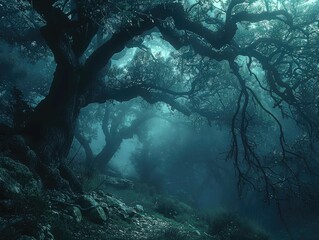 A mystical forest shrouded in mist, with ancient trees looming tall and mysterious enchanted wilderness Soft, filtered lighting pierces through the fog, illuminating the otherworldly landscape with